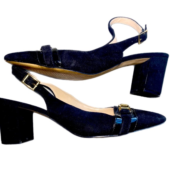 Tommy Hilfiger Black Suede Gold Front Buckle Sling Back Heel - Picture 7 of 8